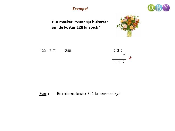 Exempel Hur mycket kostar sju buketter om de kostar 120 kr styck? 120 ·