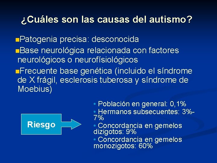 ¿Cuáles son las causas del autismo? n. Patogenia precisa: desconocida n. Base neurológica relacionada