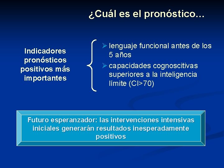 ¿Cuál es el pronóstico… Indicadores pronósticos positivos más importantes Ø lenguaje funcional antes de