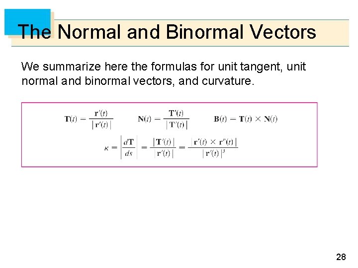 The Normal and Binormal Vectors We summarize here the formulas for unit tangent, unit