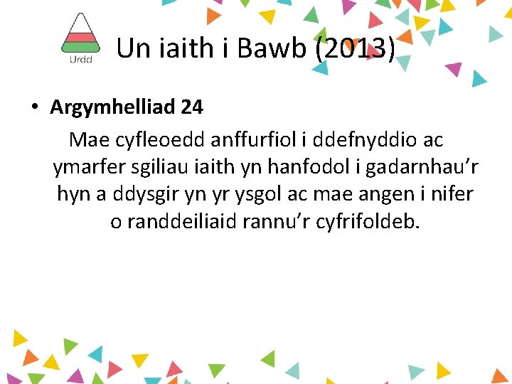 Un iaith i Bawb (2013) • Argymhelliad 24 Mae cyfleoedd anffurfiol i ddefnyddio ac