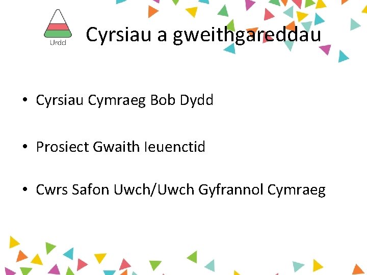 Cyrsiau a gweithgareddau • Cyrsiau Cymraeg Bob Dydd • Prosiect Gwaith Ieuenctid • Cwrs