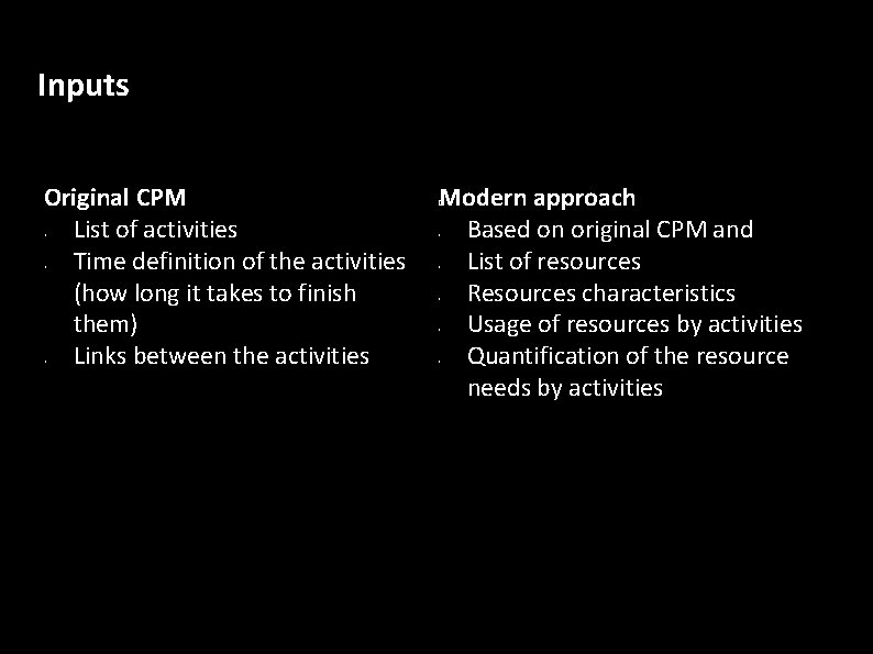 Inputs Original CPM List of activities Time definition of the activities (how long it