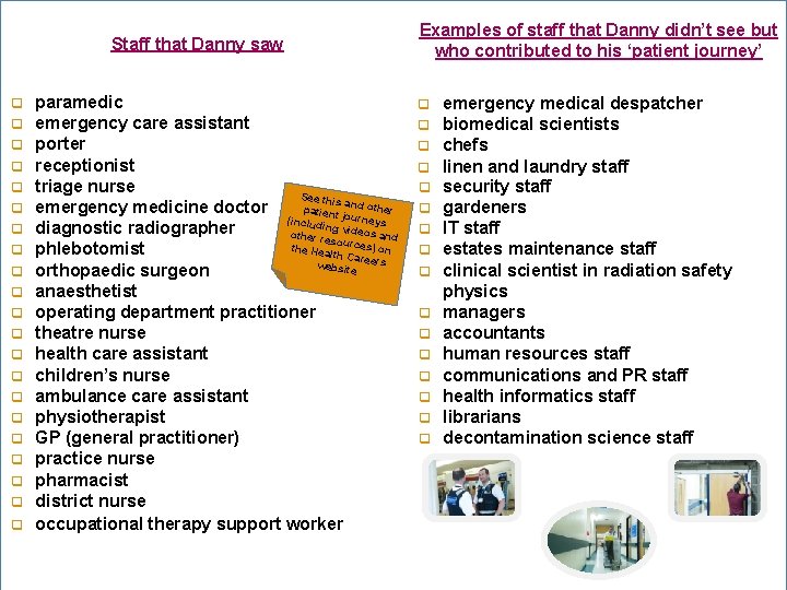 Staff that Danny saw paramedic emergency care assistant porter receptionist triage nurse See this