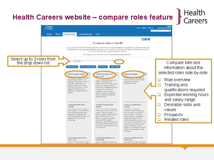 Health Careers website – compare roles feature Select up to 3 roles from the