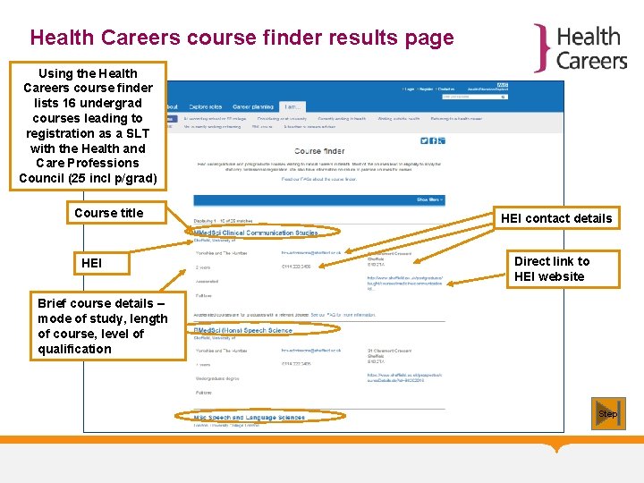 Health Careers course finder results page Using the Health Careers course finder lists 16