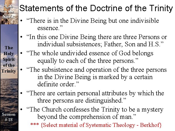 Statements of the Doctrine of the Trinity The Holy Spirit of the Trinity Session