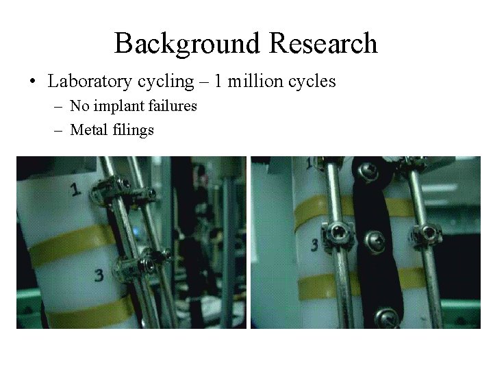 Background Research • Laboratory cycling – 1 million cycles – No implant failures –