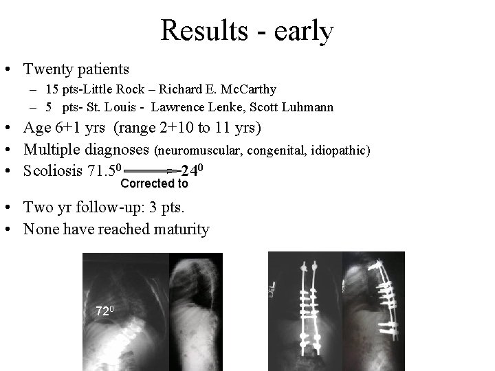 Results - early • Twenty patients – 15 pts-Little Rock – Richard E. Mc.