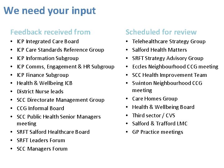 We need your input Feedback received from Scheduled for review ICP Integrated Care Board