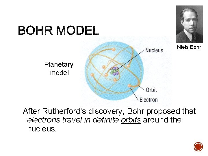 Niels Bohr Planetary model After Rutherford’s discovery, Bohr proposed that electrons travel in definite