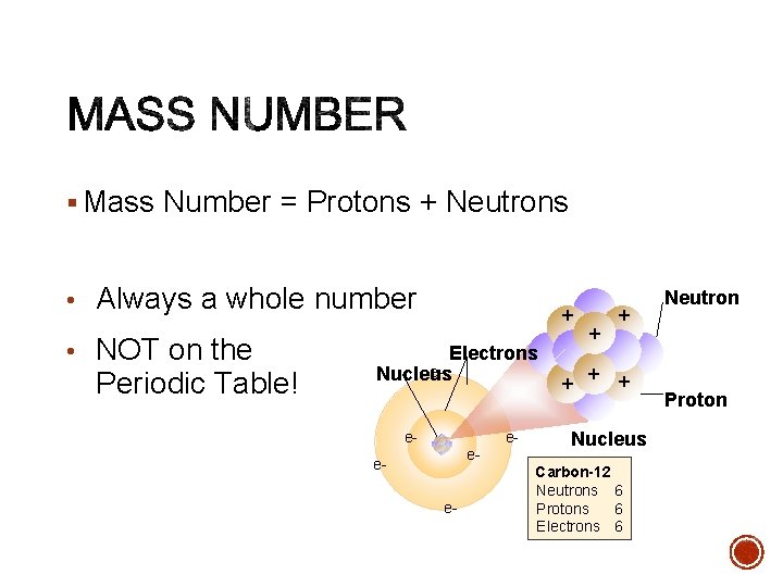 § Mass Number = Protons + Neutrons • Always a whole number • NOT