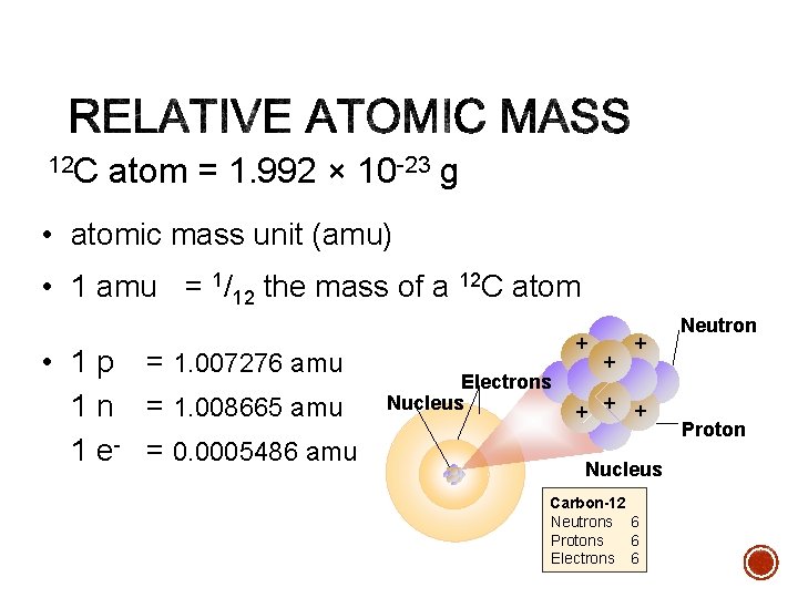 12 C atom = 1. 992 × 10 -23 g • atomic mass unit