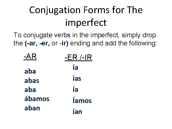Conjugation Forms for The imperfect To conjugate verbs in the imperfect, simply drop the