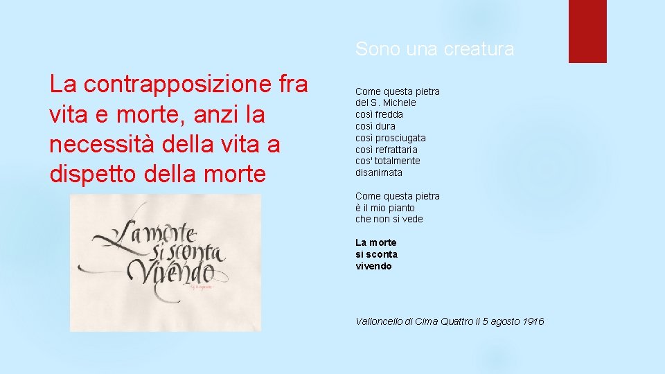 Sono una creatura La contrapposizione fra vita e morte, anzi la necessità della vita