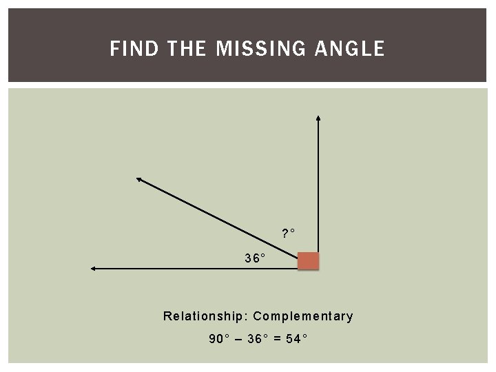 1)FIND Find. THE the. MISSING missing. ANGLE angle. ? ° 36° Relationship: Complementary 90° 1)FIND Find. THE the. MISSING missing. ANGLE angle. ? ° 36° Relationship: Complementary 90°