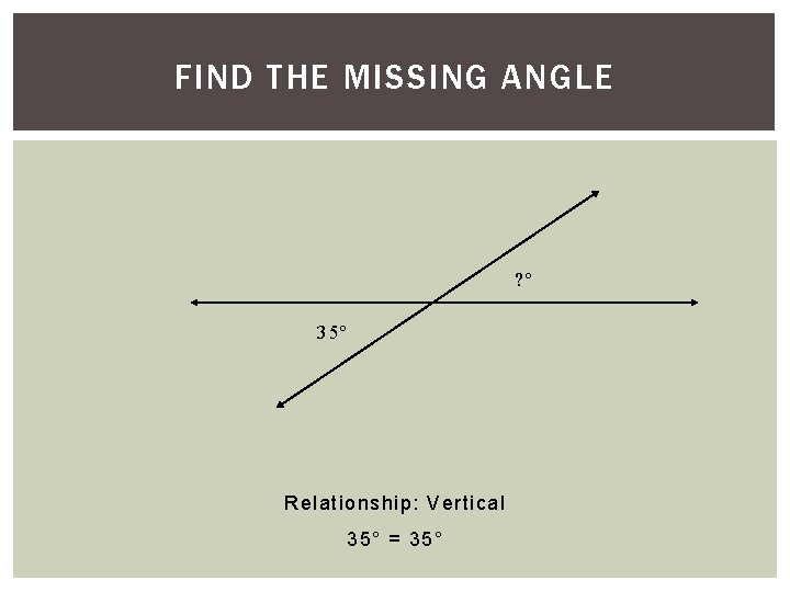 FIND THE MISSING ANGLE ? º 35º Relationship: Vertical 35° = 35° FIND THE MISSING ANGLE ? º 35º Relationship: Vertical 35° = 35°