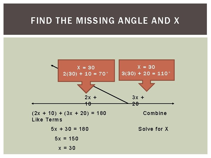 Solve for x. AND X FIND THE 8)MISSING ANGLE X = 30 2(30) + Solve for x. AND X FIND THE 8)MISSING ANGLE X = 30 2(30) +
