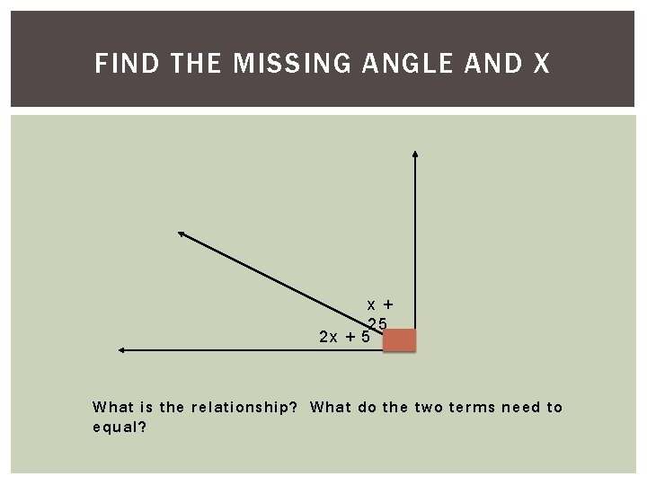Solve for x. AND X FIND THE 4)MISSING ANGLE x + 25 2 x Solve for x. AND X FIND THE 4)MISSING ANGLE x + 25 2 x
