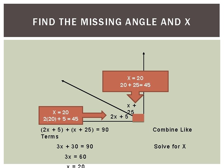 Solve for x. AND X FIND THE 4)MISSING ANGLE X = 20 20 + Solve for x. AND X FIND THE 4)MISSING ANGLE X = 20 20 +