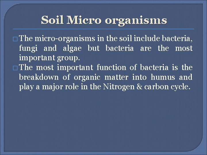 Soil Micro organisms � The micro-organisms in the soil include bacteria, fungi and algae