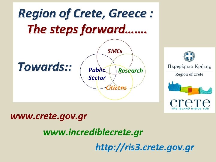 Region of Crete, Greece : The steps forward……. SMEs Towards: : Public Sector Research