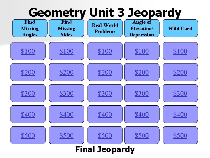 Geometry Unit 3 Jeopardy Find Missing Angles Find Missing Sides Real-World Problems Angle of