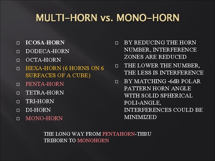 MULTI-HORN vs. MONO-HORN � � � � � ICOSA-HORN DODECA-HORN OCTA-HORN HEXA-HORN (6 HORNS MULTI-HORN vs. MONO-HORN � � � � � ICOSA-HORN DODECA-HORN OCTA-HORN HEXA-HORN (6 HORNS