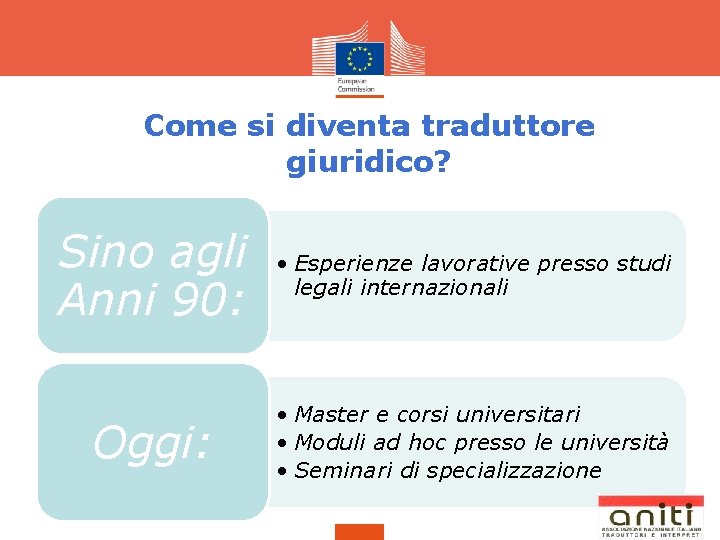 Come si diventa traduttore giuridico? Sino agli Anni 90: • Esperienze lavorative presso studi