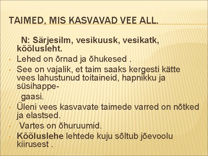 TAIMED, MIS KASVAVAD VEE ALL. N: Särjesilm, vesikuusk, vesikatk, kõõlusleht. • Lehed on õrnad