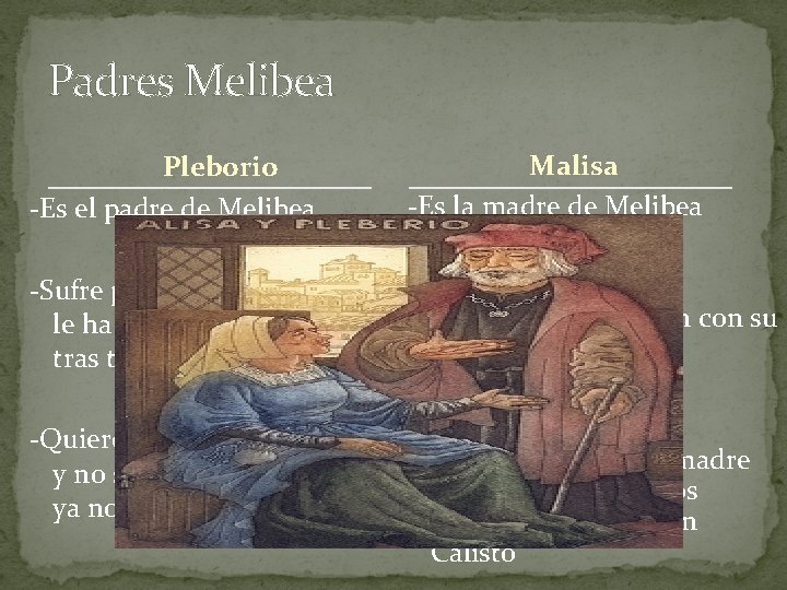 Padres Melibea Pleborio -Es el padre de Melibea Malisa -Es la madre de Melibea Padres Melibea Pleborio -Es el padre de Melibea Malisa -Es la madre de Melibea