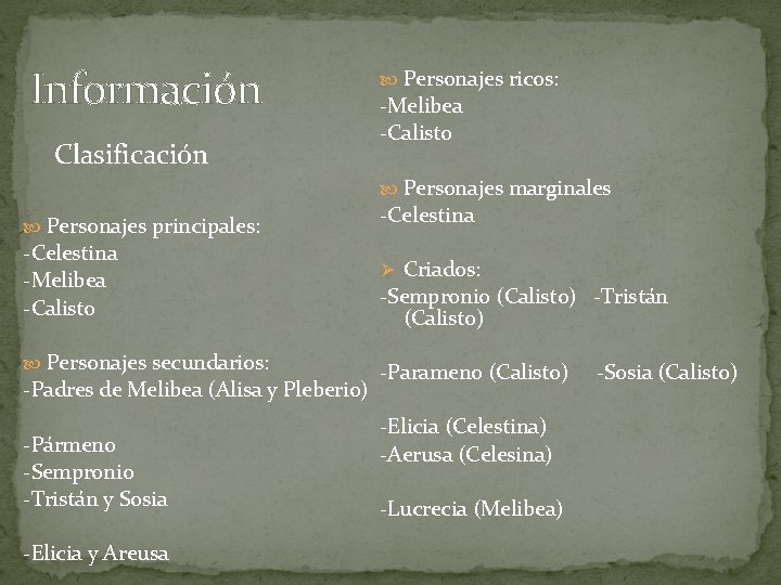 Información Clasificación Personajes ricos: -Melibea -Calisto Personajes marginales Personajes principales: -Celestina -Melibea -Calisto Personajes Información Clasificación Personajes ricos: -Melibea -Calisto Personajes marginales Personajes principales: -Celestina -Melibea -Calisto Personajes