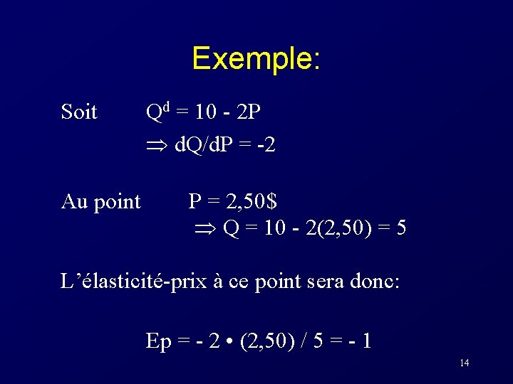 Exemple: Soit Qd = 10 - 2 P d. Q/d. P = -2 Au