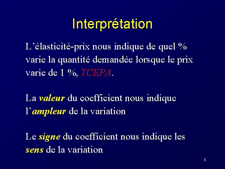 Interprétation L’élasticité-prix nous indique de quel % varie la quantité demandée lorsque le prix