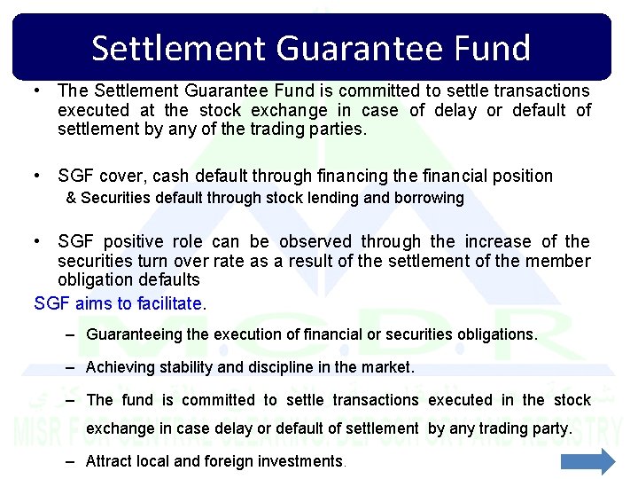 Settlement Guarantee Fund • The Settlement Guarantee Fund is committed to settle transactions executed