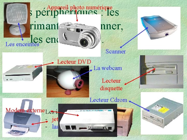 Appareil photo numérique Les périphériques : les imprimantes, le scanner, les enceintes, … Les Appareil photo numérique Les périphériques : les imprimantes, le scanner, les enceintes, … Les