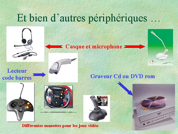 Et bien d’autres périphériques … Casque et microphone Lecteur code barres Graveur Cd ou Et bien d’autres périphériques … Casque et microphone Lecteur code barres Graveur Cd ou