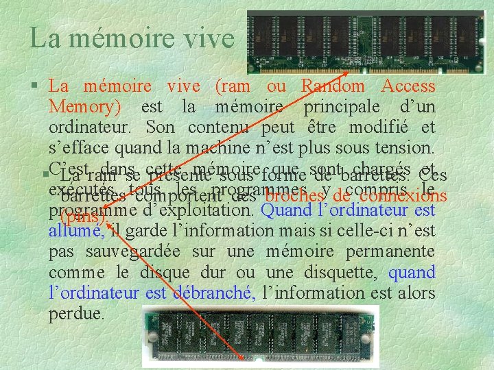 La mémoire vive § La mémoire vive (ram ou Random Access Memory) est la La mémoire vive § La mémoire vive (ram ou Random Access Memory) est la