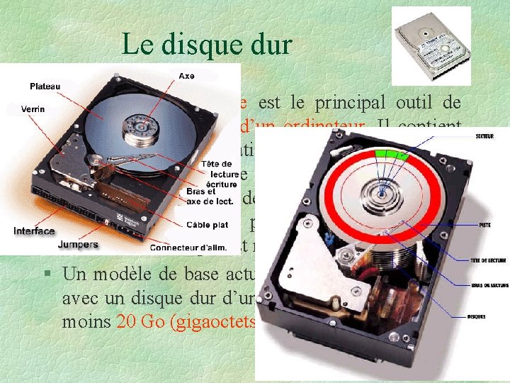 Le disque dur § Le disque dur interne est le principal outil de stockage Le disque dur § Le disque dur interne est le principal outil de stockage