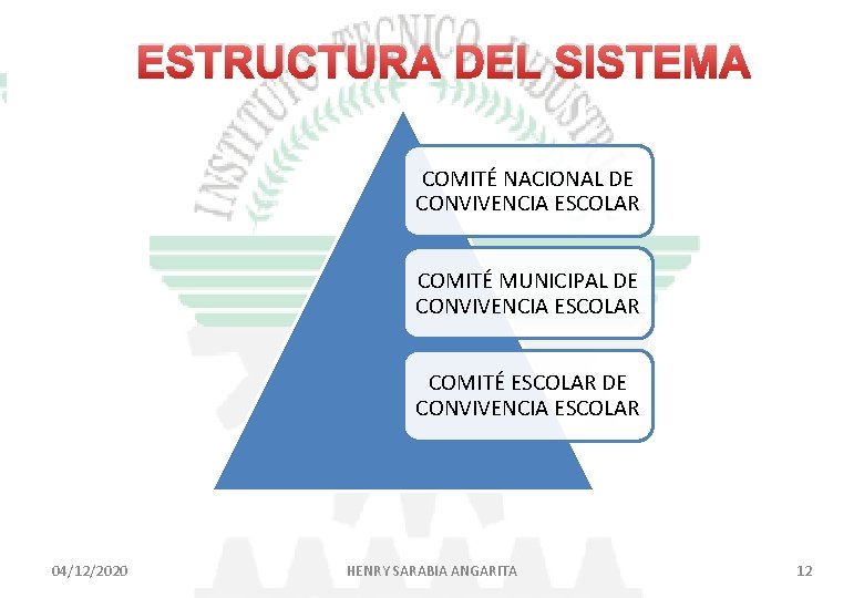 ESTRUCTURA DEL SISTEMA COMITÉ NACIONAL DE CONVIVENCIA ESCOLAR COMITÉ MUNICIPAL DE CONVIVENCIA ESCOLAR COMITÉ