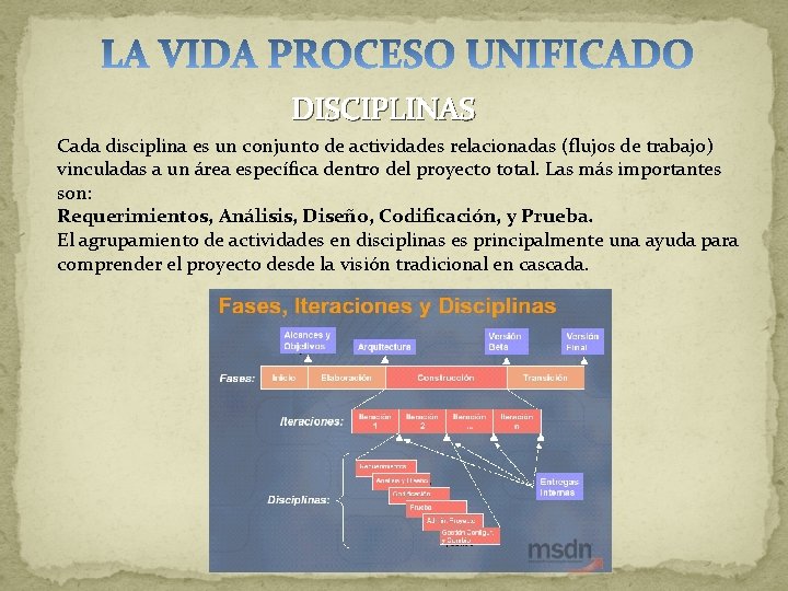 DISCIPLINAS Cada disciplina es un conjunto de actividades relacionadas (flujos de trabajo) vinculadas a