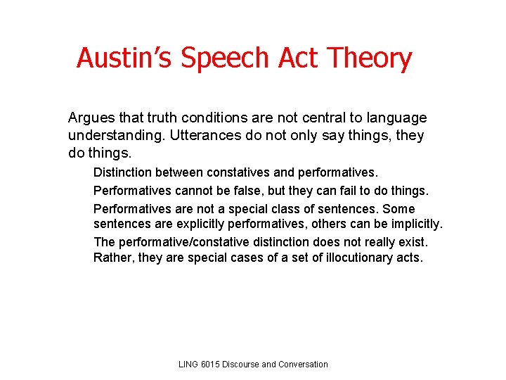 Austin’s Speech Act Theory Argues that truth conditions are not central to language understanding. Austin’s Speech Act Theory Argues that truth conditions are not central to language understanding.