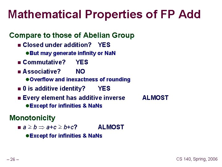 Mathematical Properties of FP Add Compare to those of Abelian Group n Closed under