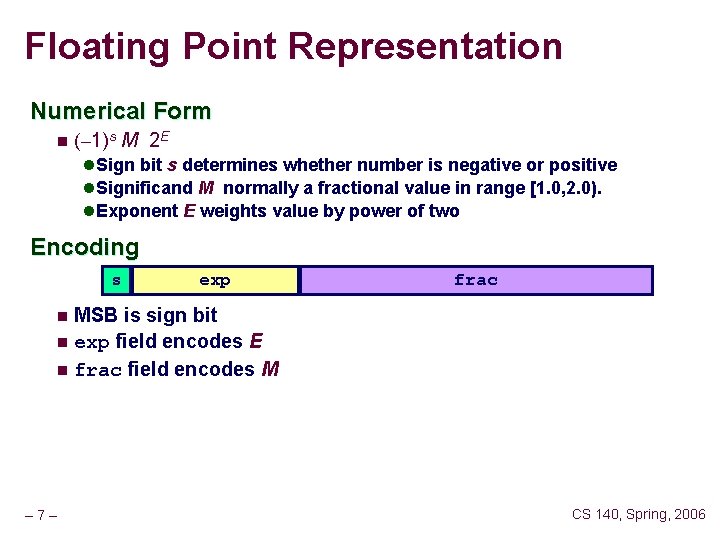 Floating Point Representation Numerical Form n (– 1)s M 2 E l Sign bit