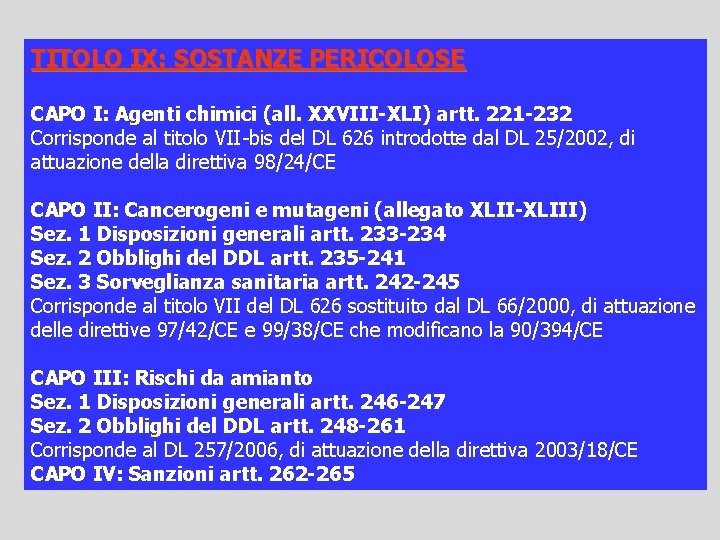 TITOLO IX: SOSTANZE PERICOLOSE CAPO I: Agenti chimici (all. XXVIII-XLI) artt. 221 -232 Corrisponde