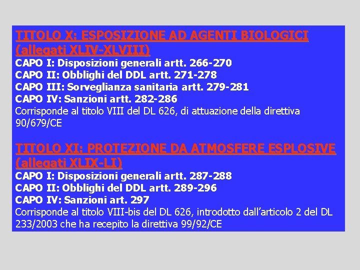 TITOLO X: ESPOSIZIONE AD AGENTI BIOLOGICI (allegati XLIV-XLVIII) CAPO I: Disposizioni generali artt. 266