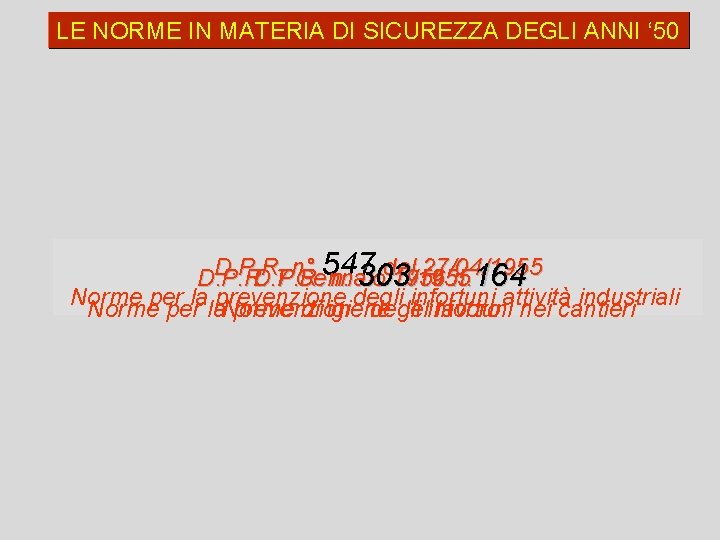 LE NORME IN MATERIA DI SICUREZZA DEGLI ANNI ‘ 50 D. P. R. 547