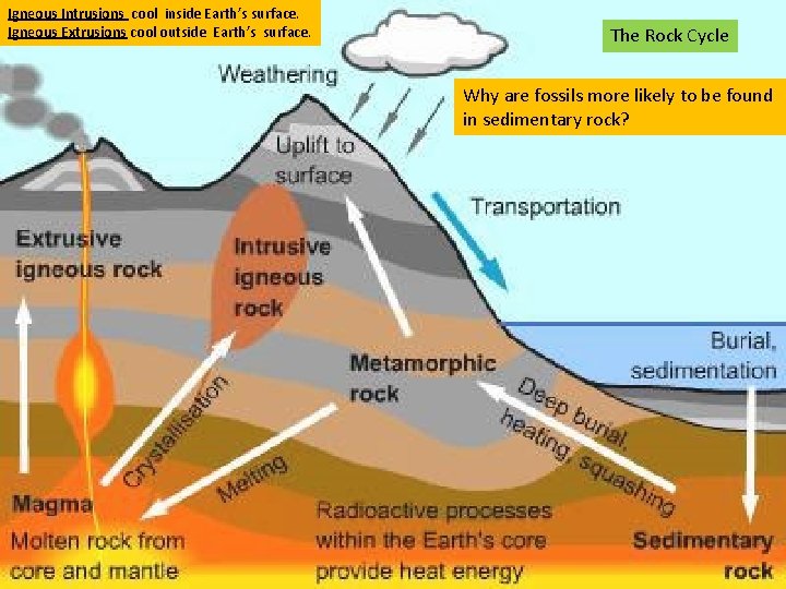 Igneous Intrusions cool inside Earth’s surface. Igneous Extrusions cool outside Earth’s surface. The Rock