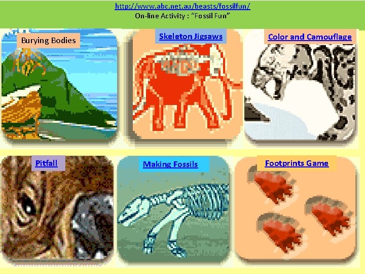 http: //www. abc. net. au/beasts/fossilfun/ On-line Activity : “Fossil Fun” Burying Bodies Pitfall Skeleton