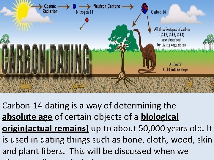 Carbon-14 dating is a way of determining the absolute age of certain objects of